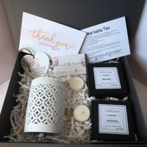 Wax Melt Gift Set showing Cut Out Wax Melt Burner, heart message plaque, 2 boxes of Wax Melts and 2 tealights, sitting on shredded paper in a grey box.