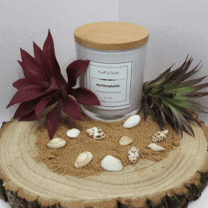 Ho'Omaluhia Candle in white container with wooden lid on, surrounded by sand, shells, and plants, all sitting on top of a wooden board.